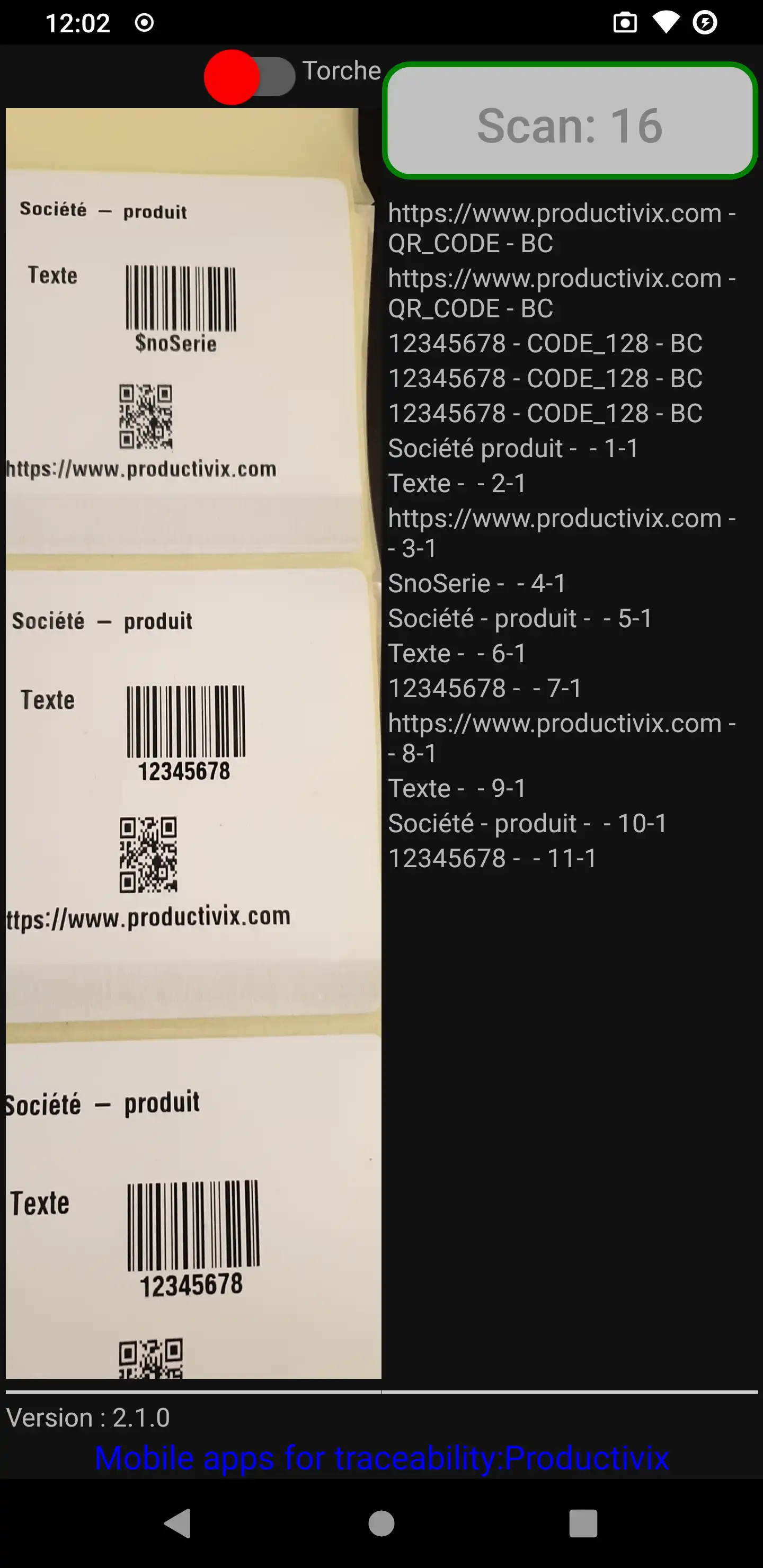 Screenshot of our barcode reading and OCR camera test app