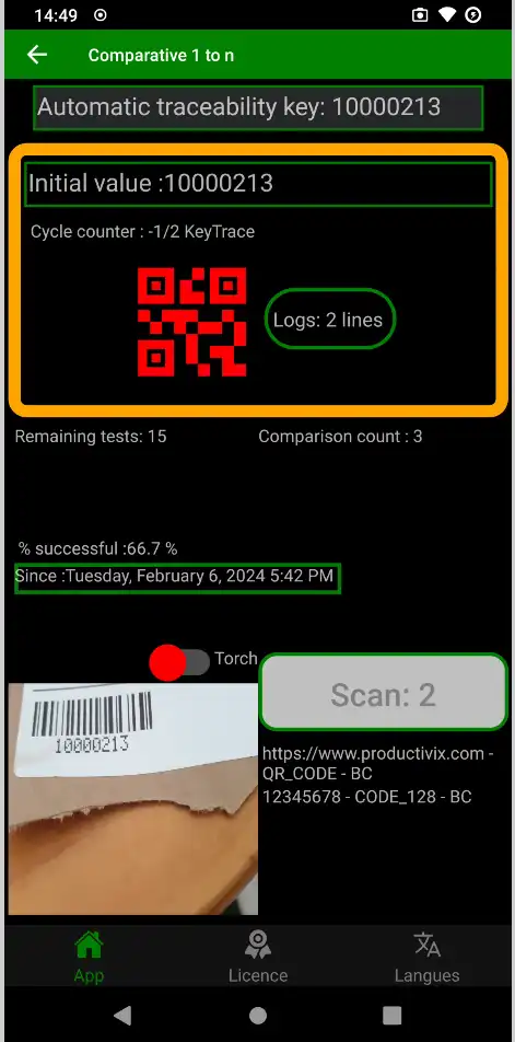 Souscription app de test de concordance code barre, scan par camera ou imageur, exporté en csv